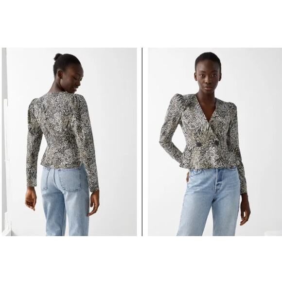 New NWT & Other Stories Animal Print Peplum Duo Button Wrap Blouse Top US 8 - Picture 2 of 12